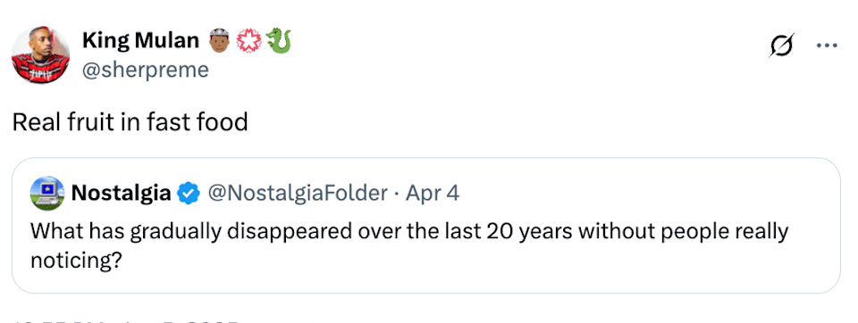 O verdadeiro tweet de frutas em fast food sugere que desapareceu gradualmente nos últimos vinte anos