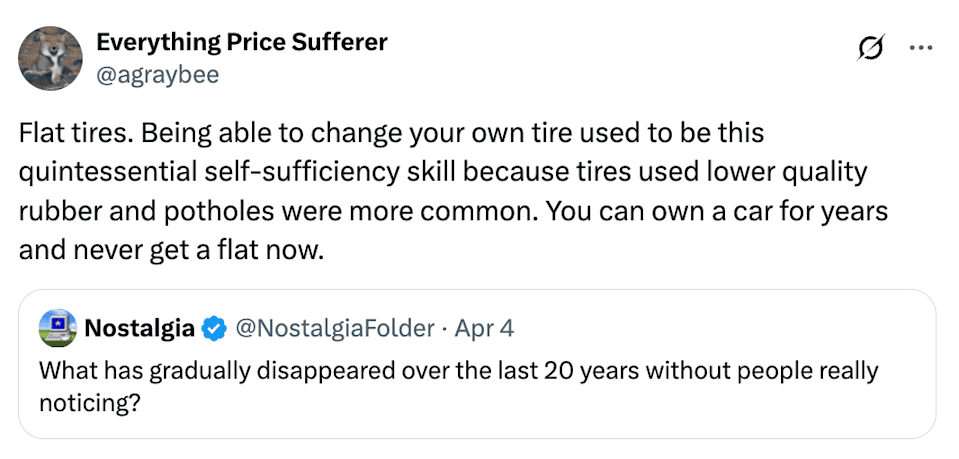 Twitter Screen Snapshot que discute como a troca de pneus foi uma habilidade vital devido a pneus de má qualidade e perfuração frequente, indicando isso como uma mudança precisa em 20 anos