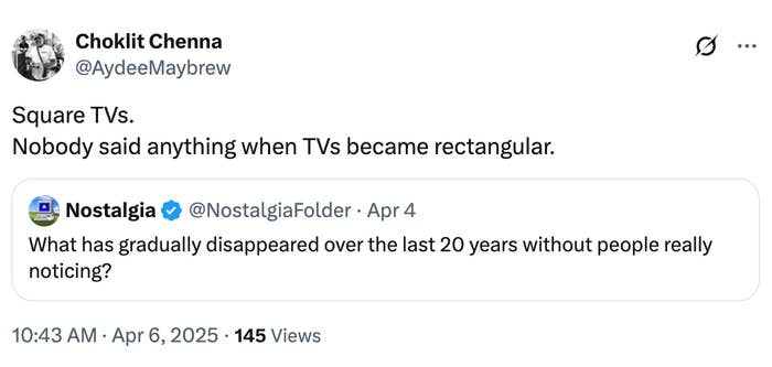 Twittando de TVs de minuciosamente de quadrado a retângulo; Ele responde uma pergunta sobre mudanças desagradáveis em 20 anos