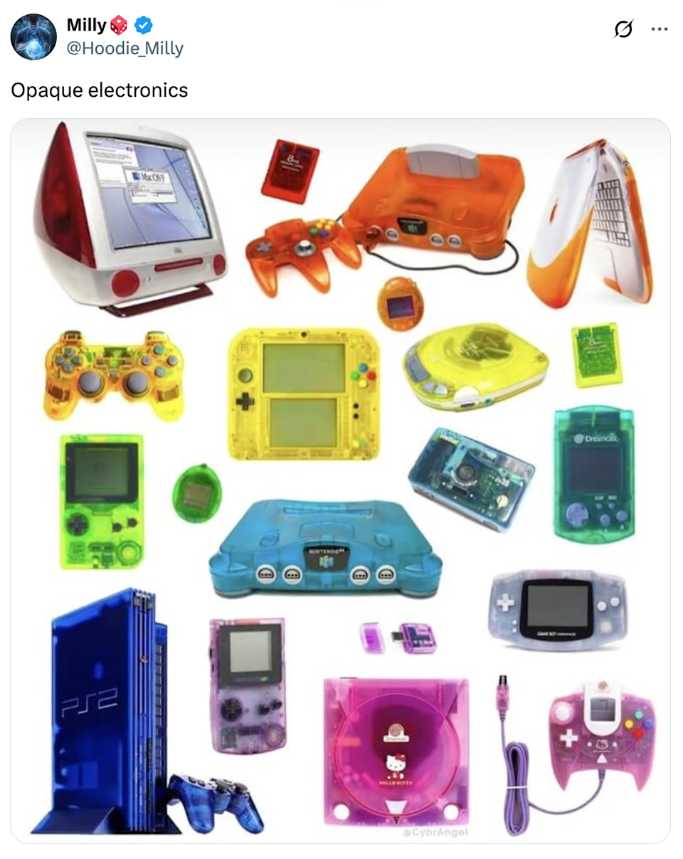 Um grupo de eletrônicos transparentes antigos, incluindo teclados para jogos, unidades de controle, computador e music player. texto: "Eletrônicos incríveis."