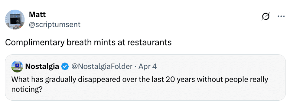 Um cluster de Matt: "Mints respiratórios gratuitos em restaurantes" Em resposta à nostalgia da nostalgia para o desaparecimento gradual por 20 anos