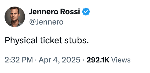 Um fechamento é útil, "Pessoas de ingressos físicos." De uma conta chamada Jennero Rossi, com 292.1k oferta