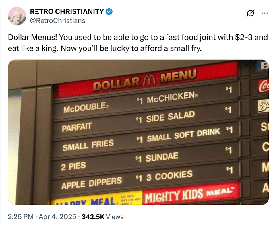 A lista de fast food reacionário mostra elementos de US $ 1, como McDouble e Sundaes, destacando a capacidade de resistir aos custos passados em comparação com os preços atuais